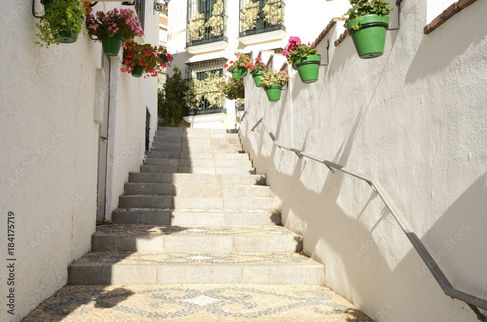 Pots along the stairs in Estepona, Andalusia, Spain