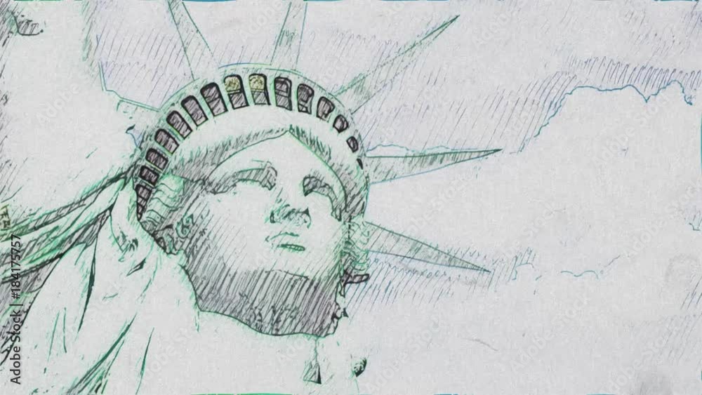 Statue of Liberty hand made pen drawing stop motion cartoon seamless loop animation background - new quality national pride colorful joyful video footage