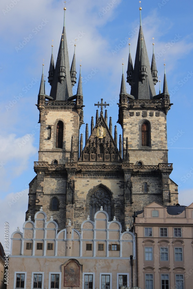 Gothic Tyn Cathedral with twin towers in Prague