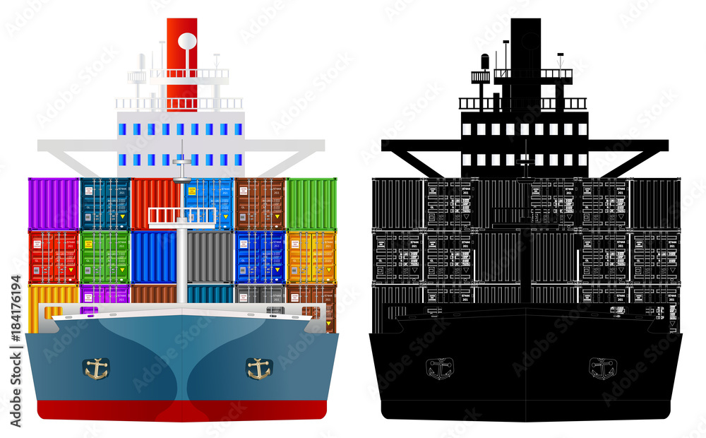 Container ship front view and silhouette, vector isolated Container ship front view and silhouette, vector isolated