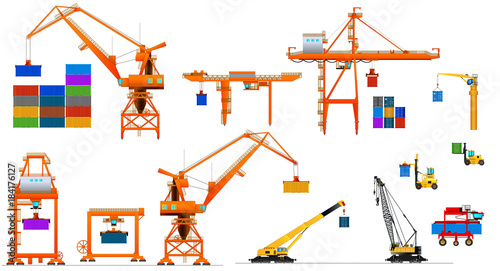 Harbor cargo cranes set, isolated photo
