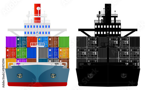 Container ship front view and silhouette, vector isolated