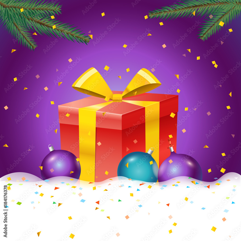 Christmas illustration with gift box and color baubles