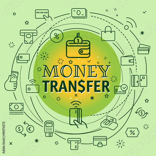 Money transfer concept. Different thin line icons included