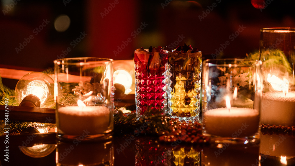 Magic christmas background. New year festive party. Warm and cozy atmosphere. Alcohol addiction concept Magic christmas background. New year festive party. Warm and cozy atmosphere. Alcohol addiction concept