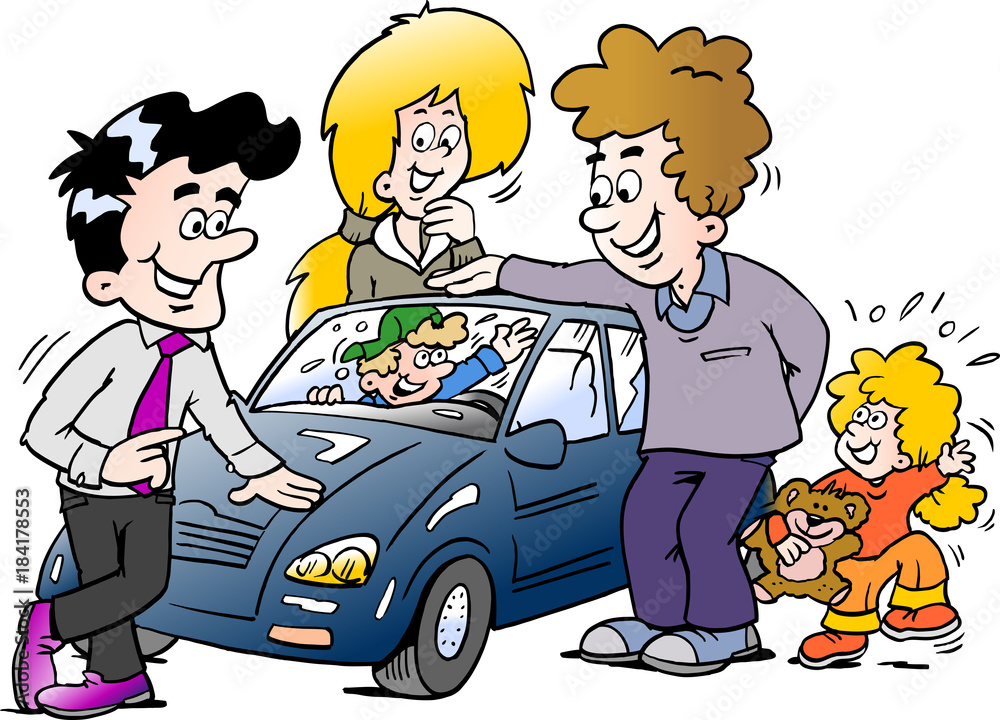 Cartoon Vector illustration of a family looking at a new auto car Cartoon Vector illustration of a family looking at a new auto car