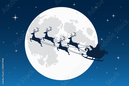 Santa Claus flying with reindeer sleigh. Dark Silhouette. Full moon and stars on the background. Symbol of Christmas and New Year. Vector illustration. Cartoon style