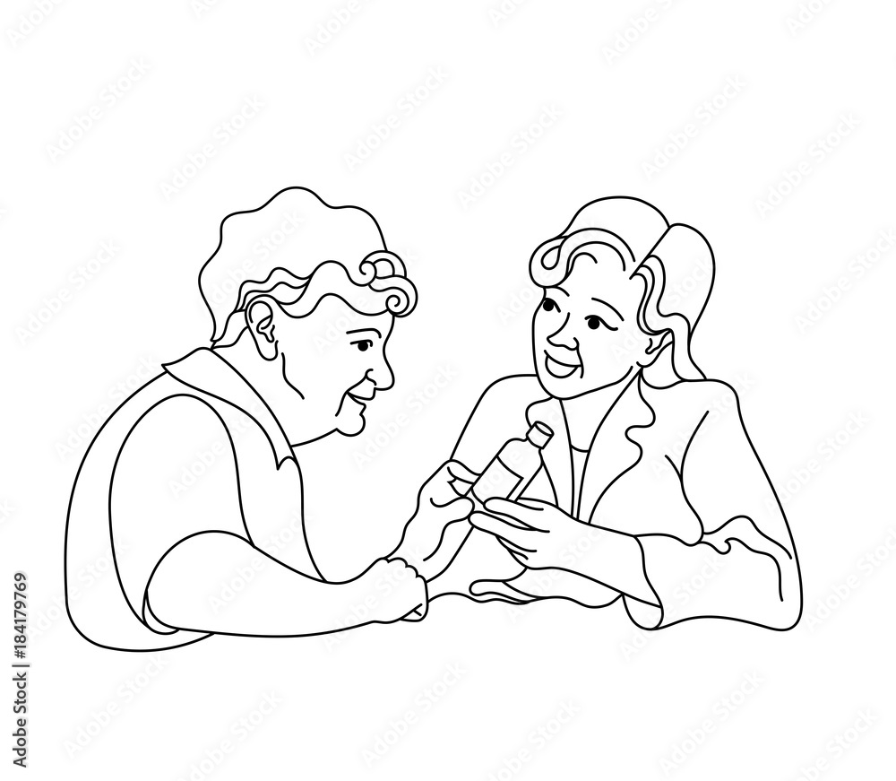Caring for the elderly.Consultation medical diagnosis.A nurse taking care of a sick elderly woman.doctor gives pills to patient.Medical treatment and healthcare poster.Caregiver elderly. lines Caring for the elderly.Consultation medical diagnosis.A nurse taking care of a sick elderly woman.doctor gives pills to patient.Medical treatment and healthcare poster.Caregiver elderly. lines