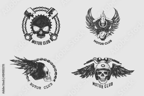 Vintage Motor Club Sign and Label set with chain, skull, helmet and wing. Emblem of bikers and riders.