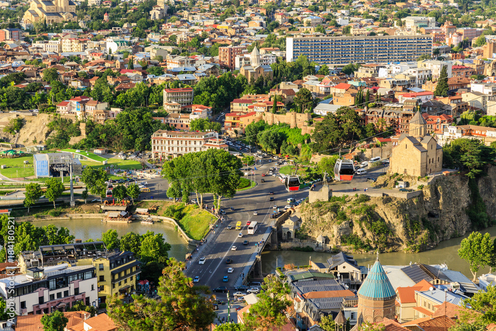 Panoramic view of Tbilisi city from the Narikala Fortress, old town and modern architecture. Tbilisi the capital of Georgia