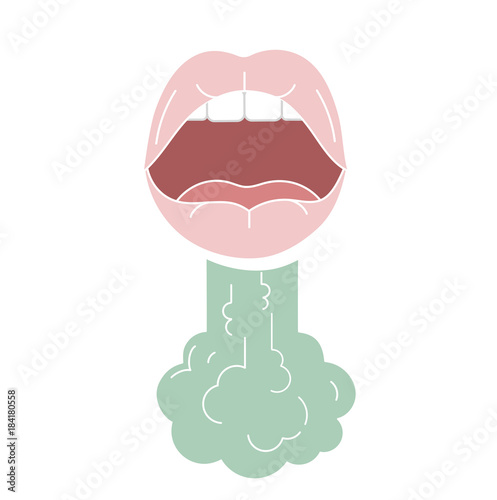 Breath design concept. Open mouth with steam.Bad breath icon in flat style.Cavity oral mouth. Vector cartoon style. Color concept art. Stench vapor, stink aroma with holes 
