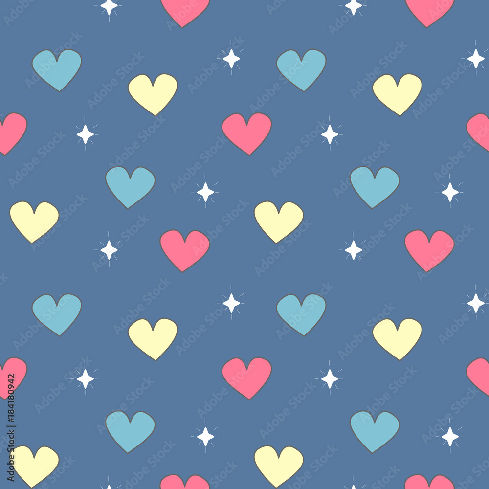 cute colorful seamless vector pattern illustration with hearts and stars on blue background