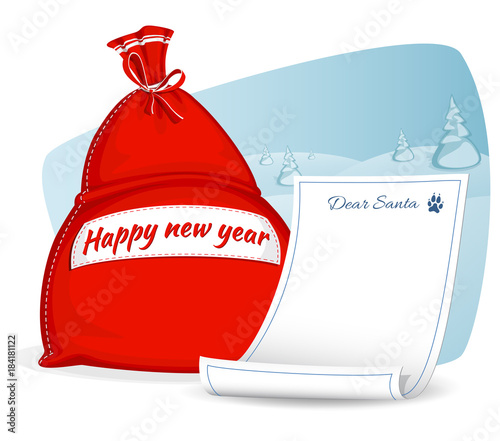 Santa Claus red bag. Letter to Santa Claus. Big sack for gifts. Symbol of Christmas and New Year isolated on white background. Vector illustration. Cartoon style