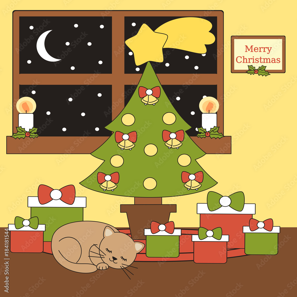 cartoon vector home interior with Christmas tree, gifts and a cat lying sleeping 