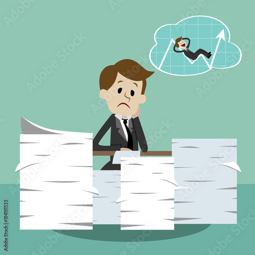 Business man working and dreaming about success. Office worker in stress dreaming profit.