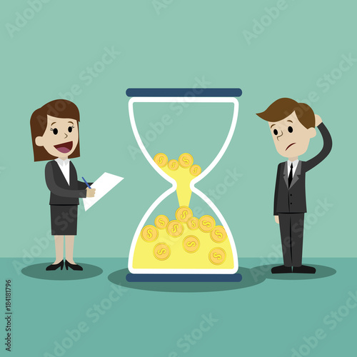 Businessman and businesswoman looking on sandglass with money. Time is money. Money in sandglass