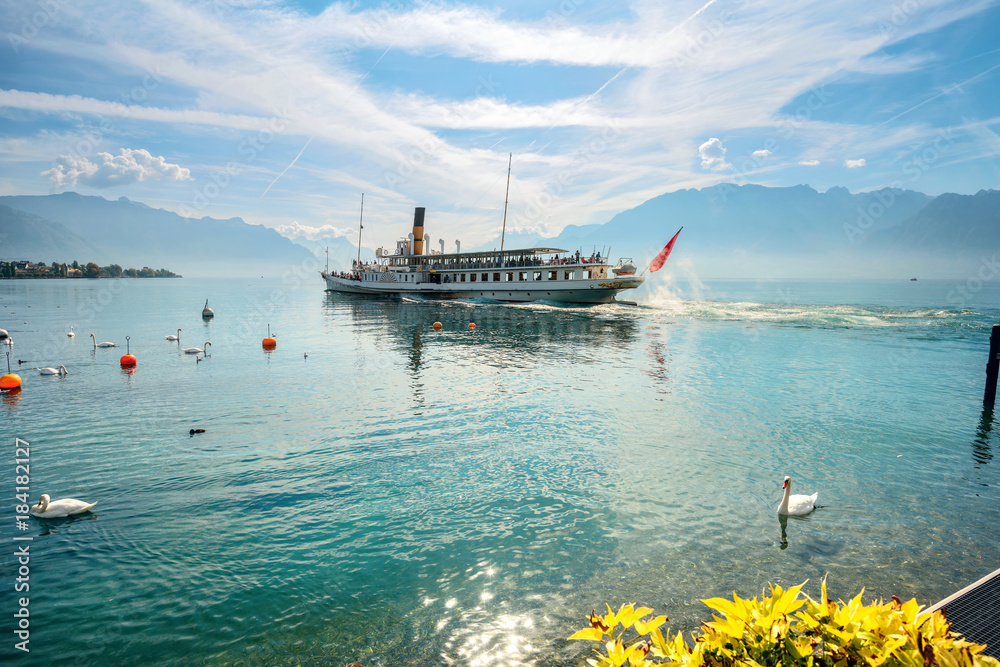Antique ferry on Geneva Lake in Vevey town. Vaud canton, Switzerland