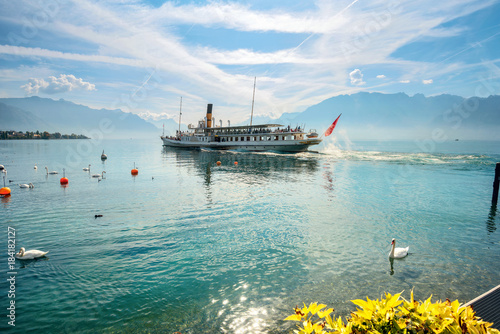 Obraz na płótnie Antique ferry on Geneva Lake in Vevey town. Vaud canton, Switzerland w salonie