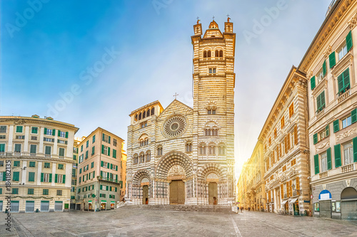 Panorama of Piazza San Lorenzo in the morning with Cathedral of Genoa, Italy photo