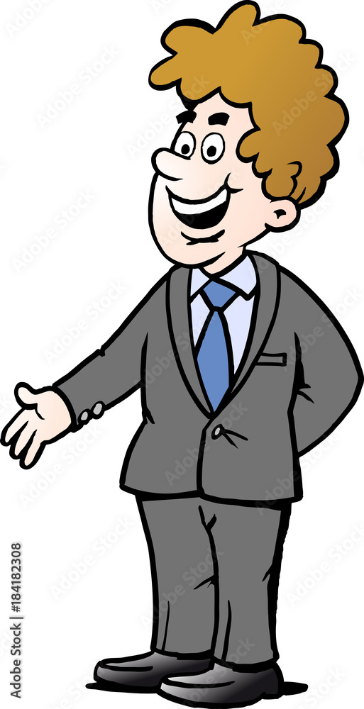 Cartoon illustration of a man who wears a gray suit