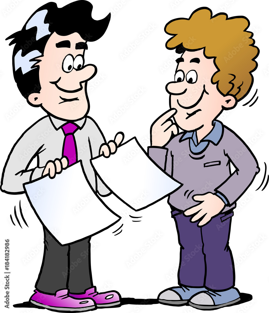 Cartoon illustration of a happy business man standing and looking at two papers Cartoon illustration of a happy business man standing and looking at two papers