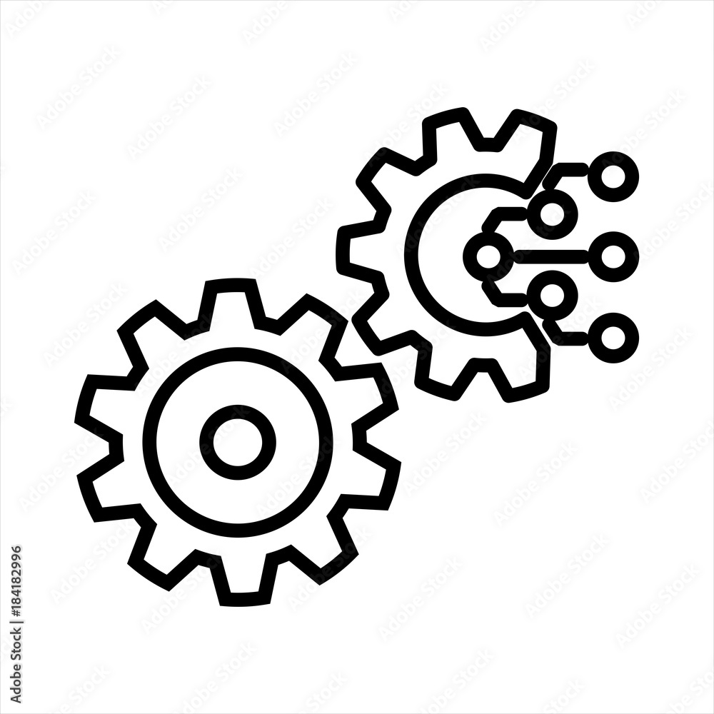 Technology Icon. Gear and Electronic. Digital Factory Symbol. Flat Line Pictogram. Technology Icon. Gear and Electronic. Digital Factory Symbol. Flat Line Pictogram.
