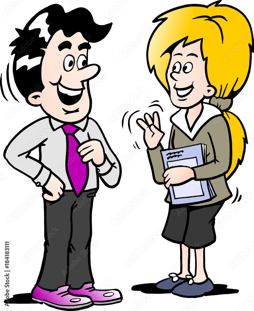 Cartoon illustration of a businessman speaking with a woman