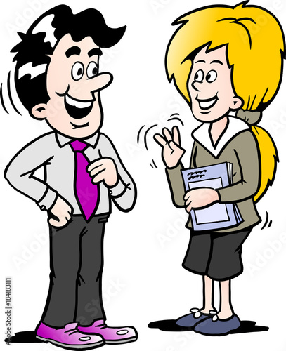 Cartoon illustration of a businessman speaking with a woman