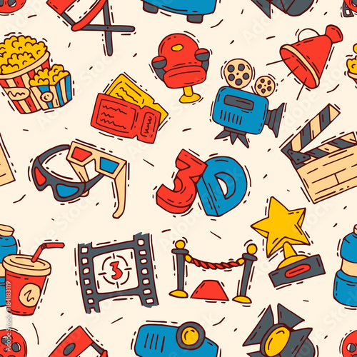 Movie cinema icons vector moviemaking creator hand drawn sketch style iconic symbols premiere cinema film entertainment media studio seamless pattern background