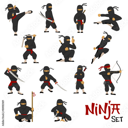 Ninja vector warrior set of cartoon character ninjitsu in various poses samurai in fighting action isolated on white background