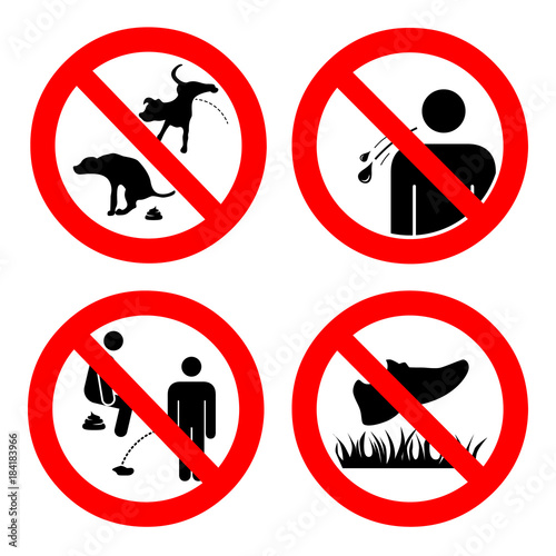 No pooping and peeing people and pets, do not walk on lawns, no spitting sign. Collection of symbols. Vector illustration isolated on white. For outdoors and public places
