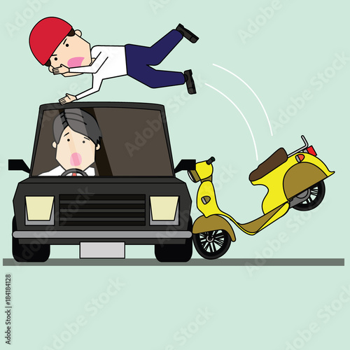 Man and motorcycle collide with side of car radically.