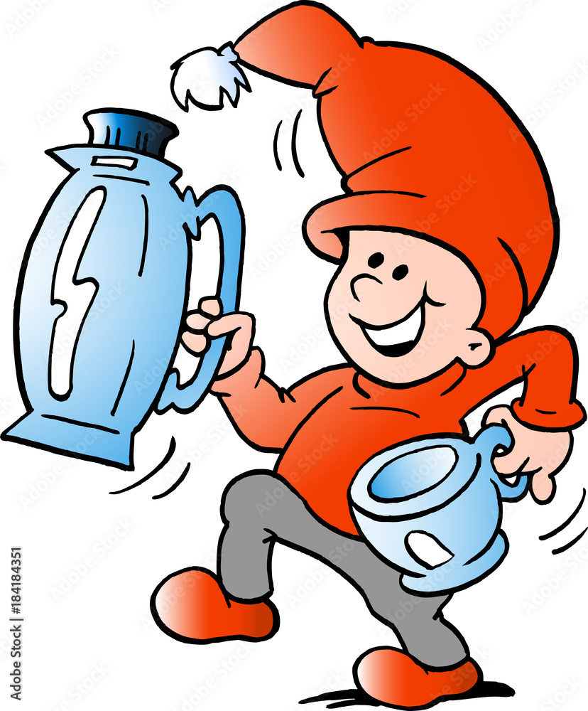 Vector Cartoon illustration of an happy Elf there runs a pitcher and cup Vector Cartoon illustration of an happy Elf there runs a pitcher and cup