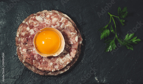 Tartar from raw meat with egg, salt and spices