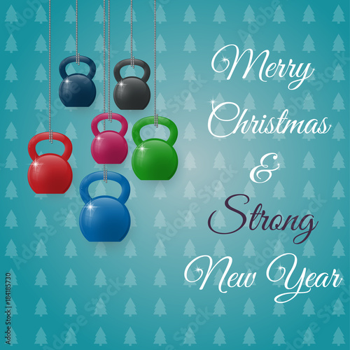 Christmas and New Year greeting card with kettlebells