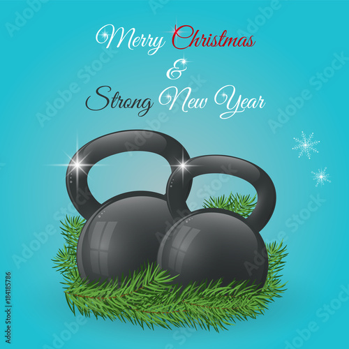 Christmas and New Year greeting card with kettlebells and pine branches