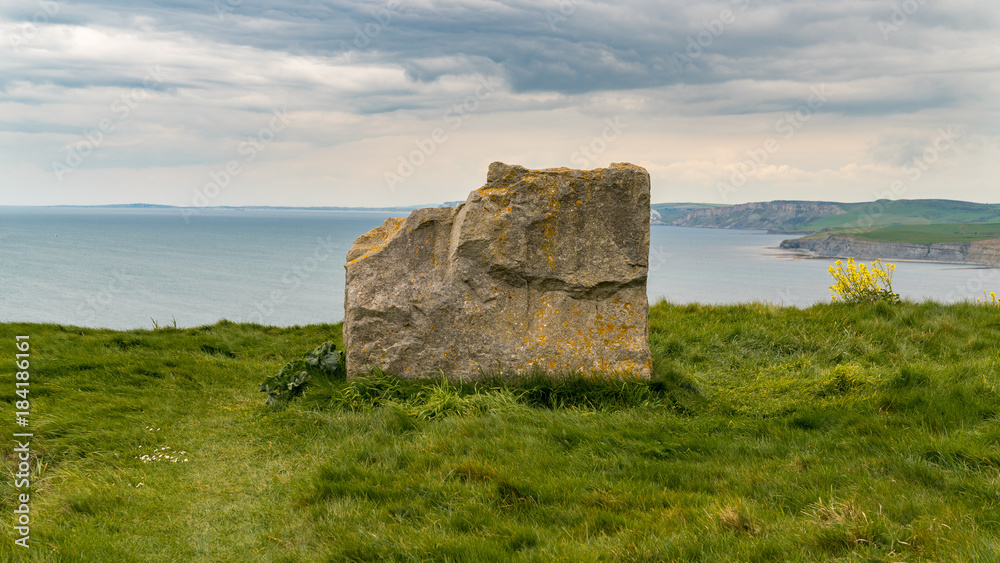 Stone seat at South West Coast Path, near Emmett's Hill, Jurassic Coast, Dorset, UK