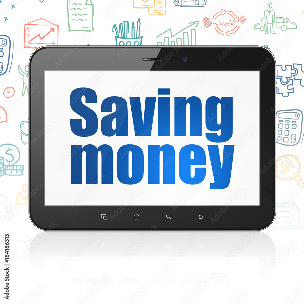 Business concept: Tablet Computer with blue text Saving Money on display, Hand Drawn Business Icons background, 3D rendering Business concept: Tablet Computer with blue text Saving Money on display, Hand Drawn Business Icons background, 3D rendering