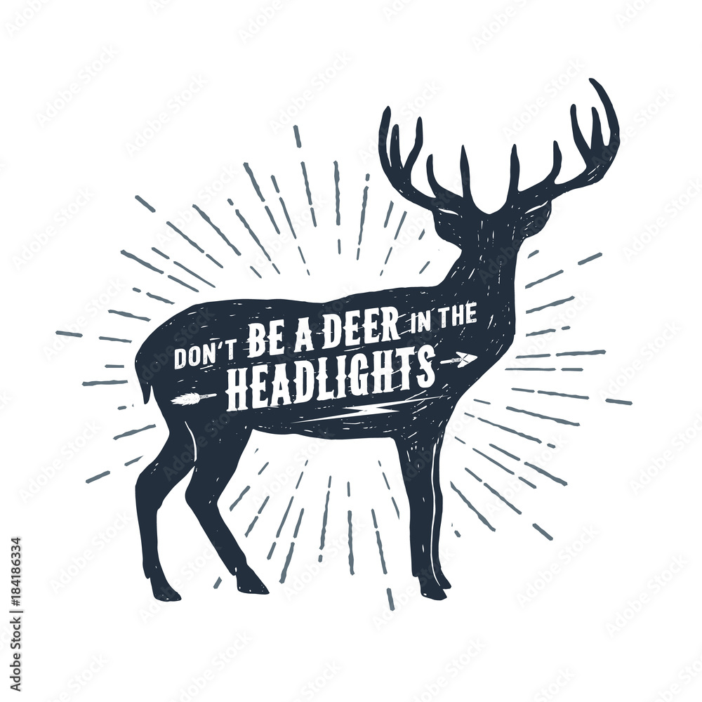 Naklejka premium Ręcznie rysowana ilustracja wektorowa z teksturą jelenia i napis „Nie bądź jeleniem w reflektorach”.