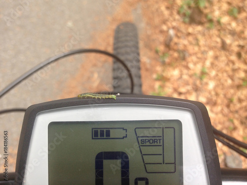 electric bicycle handlebars, ebike, e-bike, in foreground display, computer controls, on screen there's small caterpillar, green, hitchhiking, written 