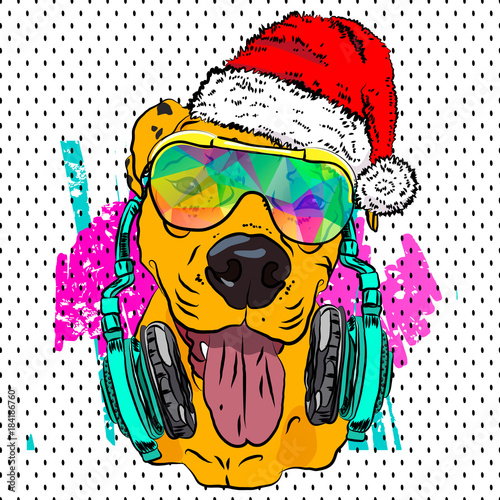 Cool print with a bulldog in a New Year's cap on a colored background. Vector.