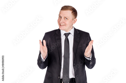 man holding two hands in front of him and shows the size on white isolated background in studio.