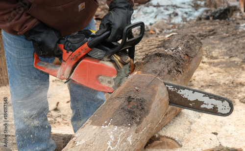 Cutting through a log with a chainsaw 1