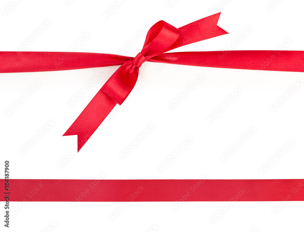 Red satin gift ribbon bow and ribbon without bow, isolated on white background, top view. Red satin gift ribbon bow and ribbon without bow, isolated on white background, top view.