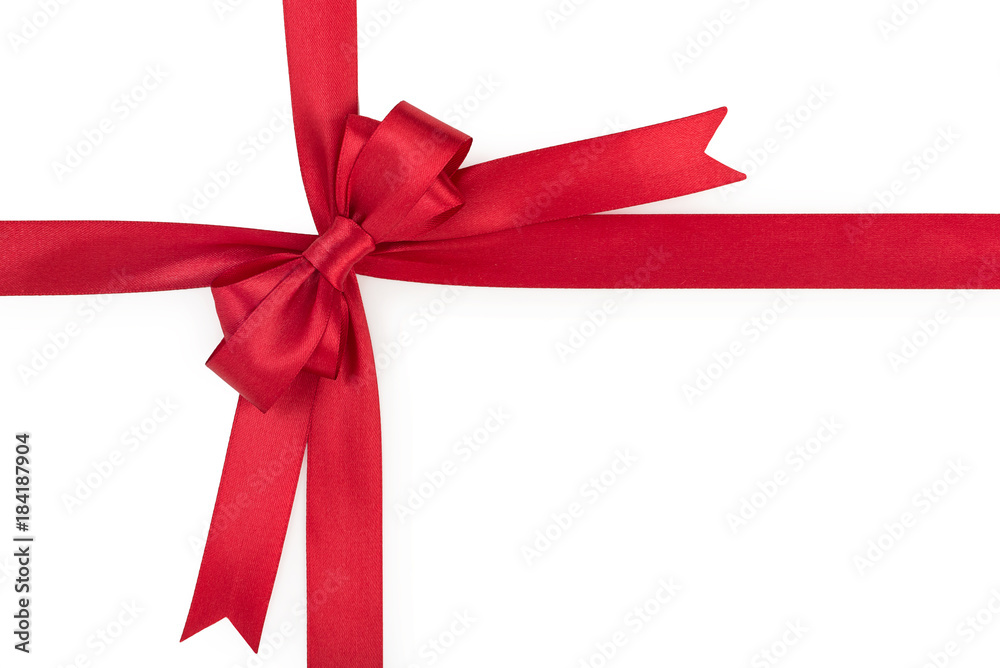Red satin gift ribbon bow isolated on white background, top view. Red satin gift ribbon bow isolated on white background, top view.