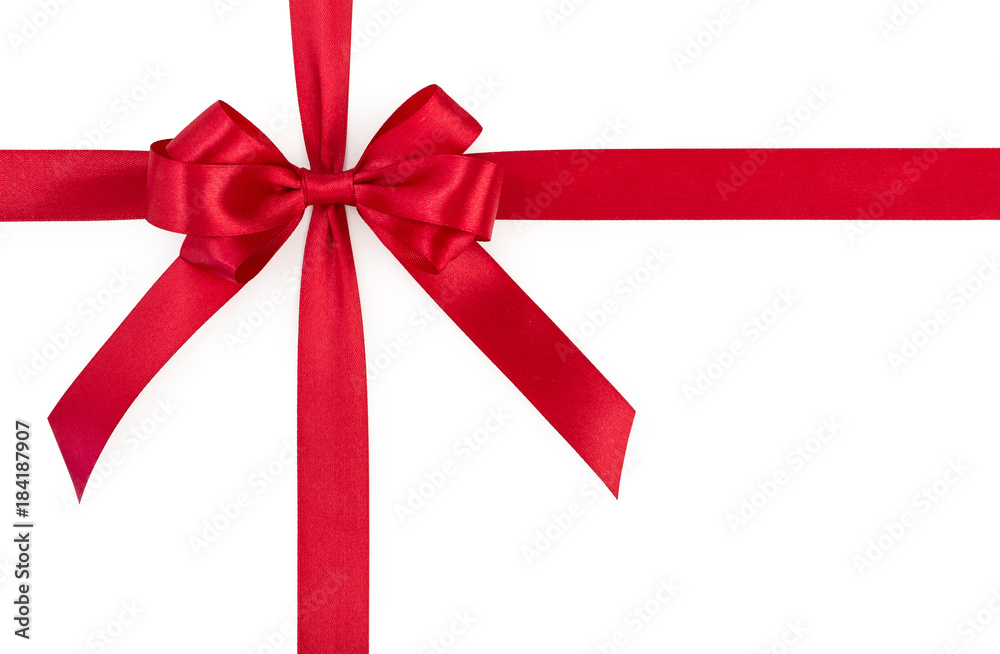 Red satin gift ribbon bow isolated on white background, top view. Red satin gift ribbon bow isolated on white background, top view.