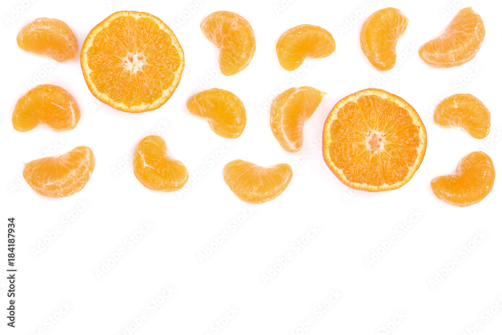slices tangerine with leaves isolated on white background with copy space for your text. Flat lay, top view. slices tangerine with leaves isolated on white background with copy space for your text. Flat lay, top view.