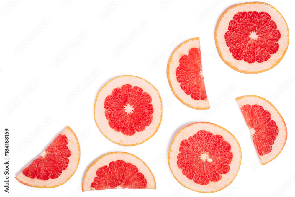 Grapefruit slices isolated on white background with copy space for your text. Top view. Flat lay pattern Grapefruit slices isolated on white background with copy space for your text. Top view. Flat lay pattern