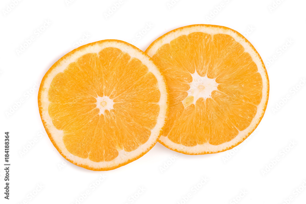 Slices of orange isolated on white background. Flat lay, top view. Fruit composition Slices of orange isolated on white background. Flat lay, top view. Fruit composition