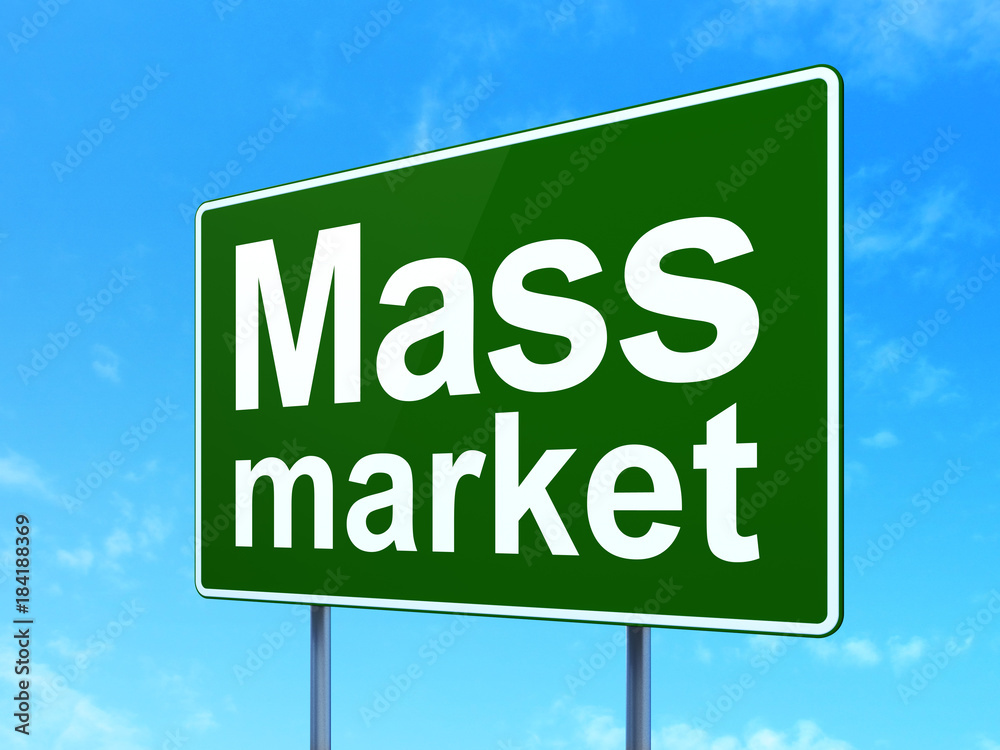 Marketing concept: Mass Market on green road highway sign, clear blue sky background, 3D rendering Marketing concept: Mass Market on green road highway sign, clear blue sky background, 3D rendering